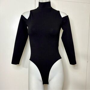 Vintage 90s Mock Neck Cold Shoulder Black Long Sleeve Bodysuit